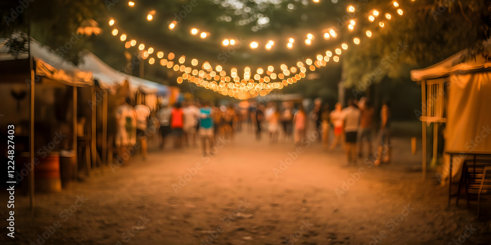 Fototapeta premium Blurry Night Market Scene Illuminates with Warm String Lights and Crowds of People Gently Strolling Underneath them.