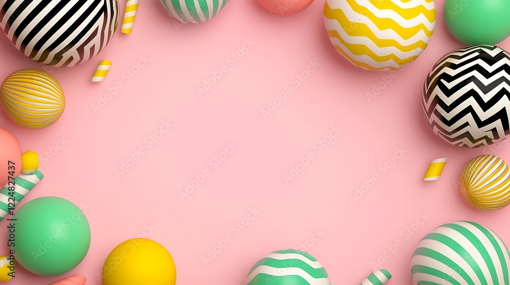 Colorful Geometric Shapes and Balls on Pink Background for Festive and Playful Designs Colorful Geometric Shapes and Balls on Pink Background for Festive and Playful Designs