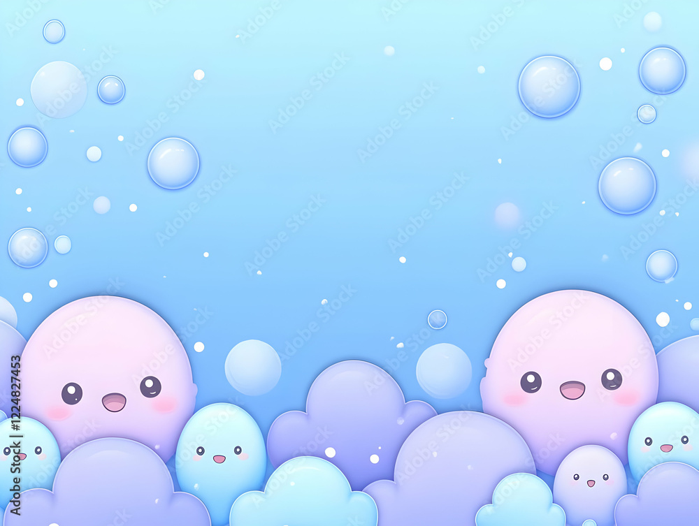 Cute Smiling Clouds and Bubbles Float Gently in a Serene Blue Sky Background Cute Smiling Clouds and Bubbles Float Gently in a Serene Blue Sky Background