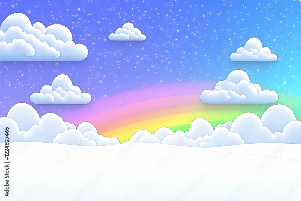 Whimsical Winter Wonderland: Cartoon Clouds and Rainbow Over Snowy Hills Whimsical Winter Wonderland: Cartoon Clouds and Rainbow Over Snowy Hills