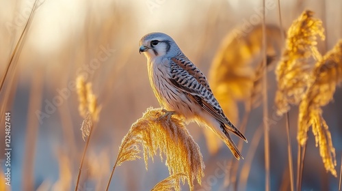 A falcon calmly perches on a piece of wheat, its form beautifully accentuated by glowing sunlight, symbolizing balance and the harmony of nature