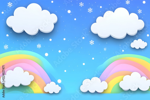 Whimsical 3D Winter Wonderland with Rainbows and Clouds Under a Snowy Sky