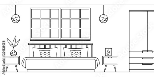 Bedroom graphic black white home interior sketch illustration vector 