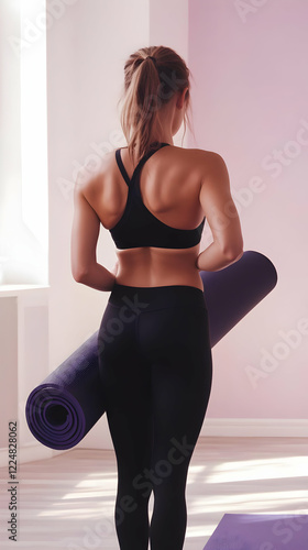 Woman Holds a Purple Yoga M...