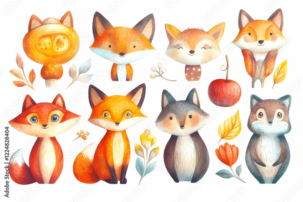 Fototapeta premium Adorable Fox Illustration Set with Fall Elements: A Whimsical Watercolor Collection