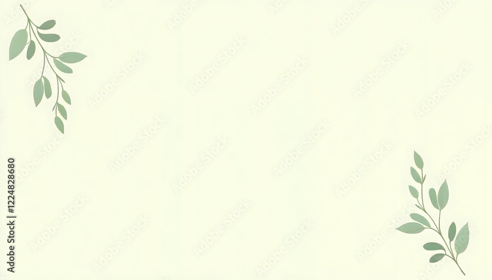 Delicate light green leaves adorn the top left and bottom right corners of a soft off-white background creating a subtle nature themed design Delicate light green leaves adorn the top left and bottom right corners of a soft off-white background creating a subtle nature themed design