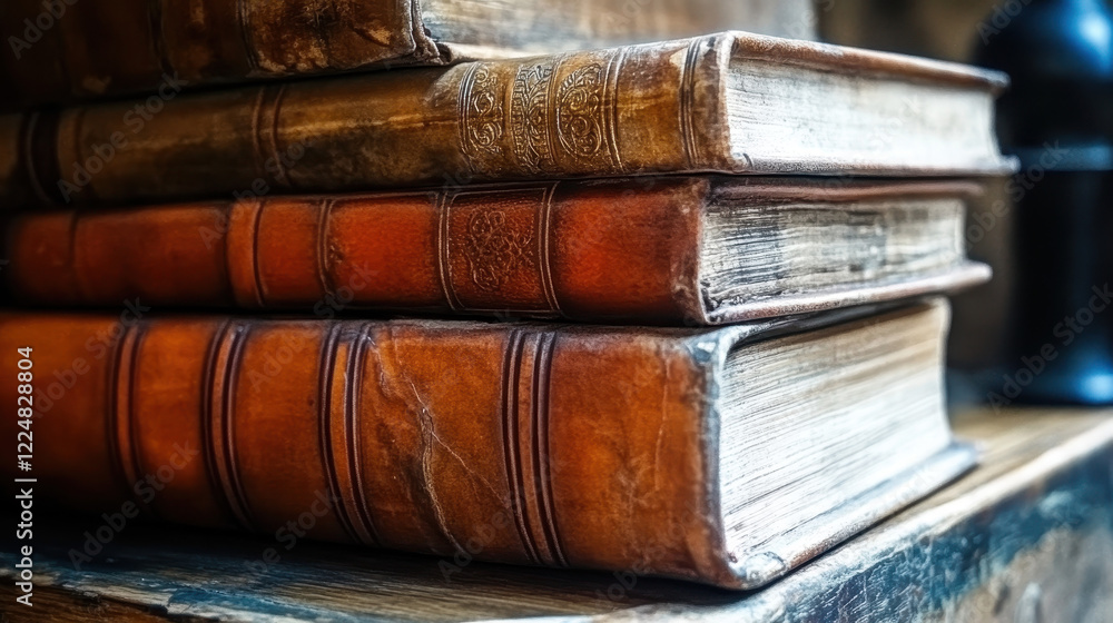 Old Leather-Bound Books Stacked on a Wooden Shelf in a Cozy Library Setting Old Leather-Bound Books Stacked on a Wooden Shelf in a Cozy Library Setting