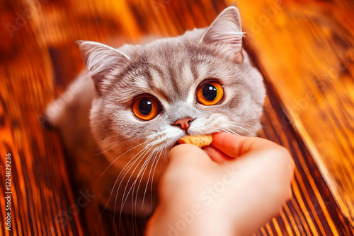 A Fluffy Gray Cat Eats a Tr...