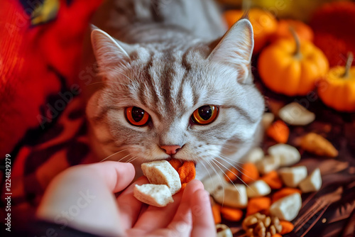 Gray Cat Eats Treats from a...
