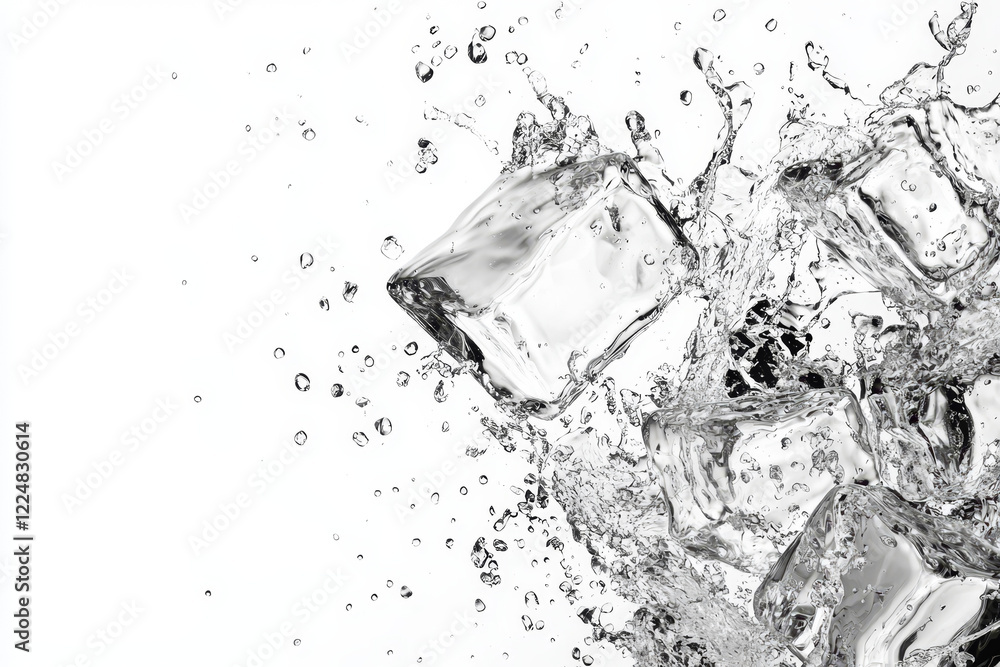 Ice cubes splashing into water, creating a dynamic, refreshing scene. Ice cubes splashing into water, creating a dynamic, refreshing scene.