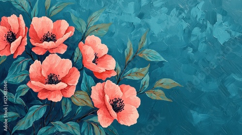 Vibrant Coral Poppies on a Teal Textured Background