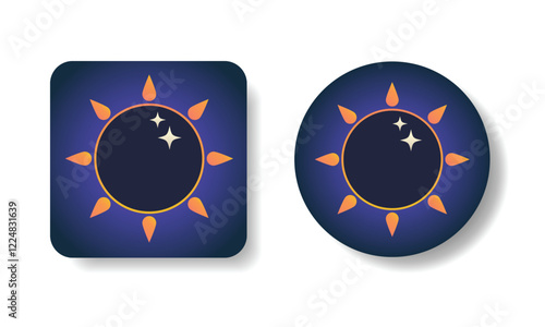 Square and round icons with total solar eclipse in flat design. Hand drawn isolated vector illustrations of weather of sun icons.