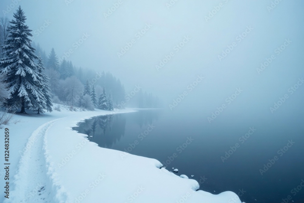 Thick fog rolls in over a frozen lake during blizzard, thick fog, cold lake, blizzard Thick fog rolls in over a frozen lake during blizzard, thick fog, cold lake, blizzard
