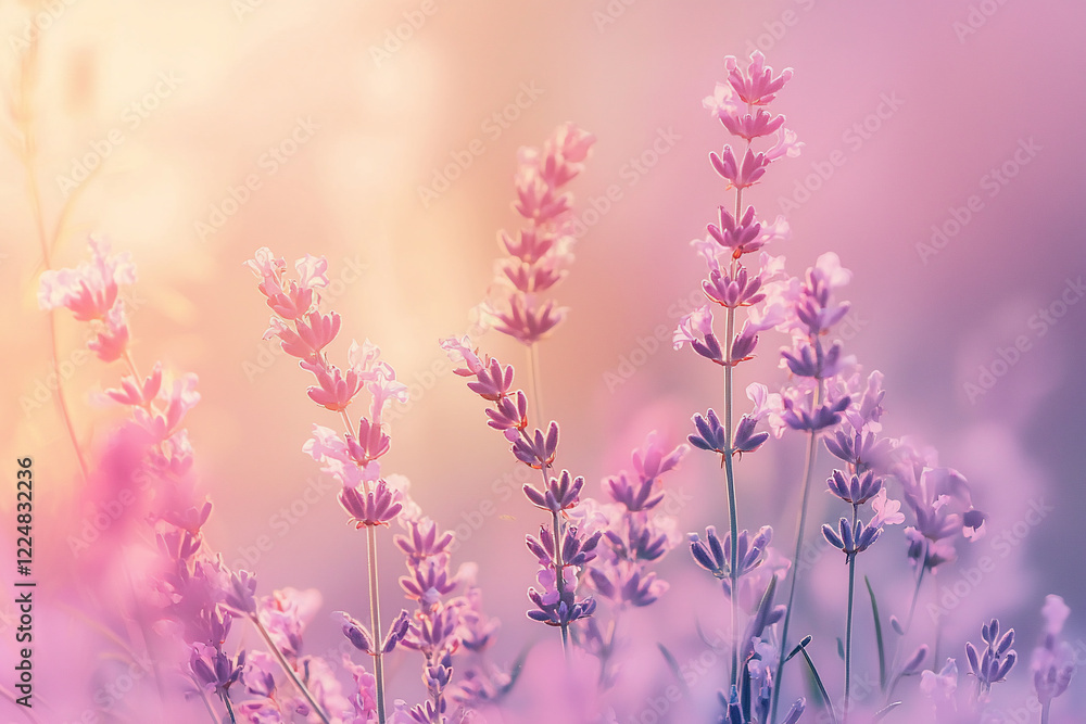 Naklejka premium Soft-focus lavender field at sunset with vibrant colors, creating a serene and calming atmosphere