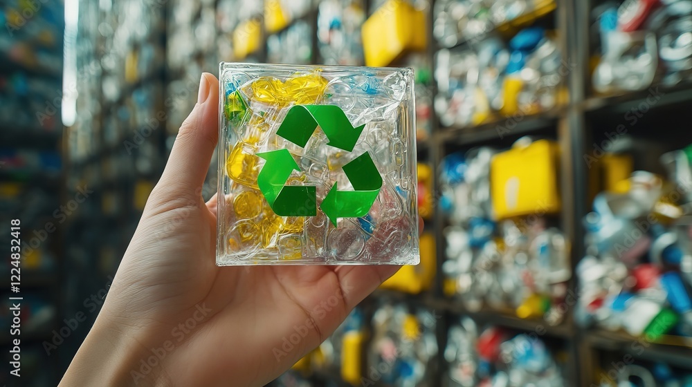 Recycle to save wildlife. A hand holds a clear cube filled with recyclable materials, featuring a green recycling symbol, set against a backdrop of stacked containers Recycle to save wildlife. A hand holds a clear cube filled with recyclable materials, featuring a green recycling symbol, set against a backdrop of stacked containers