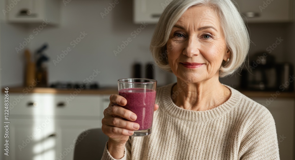 Elderly woman enjoying healthy smoothie in modern kitchen setting Elderly woman enjoying healthy smoothie in modern kitchen setting