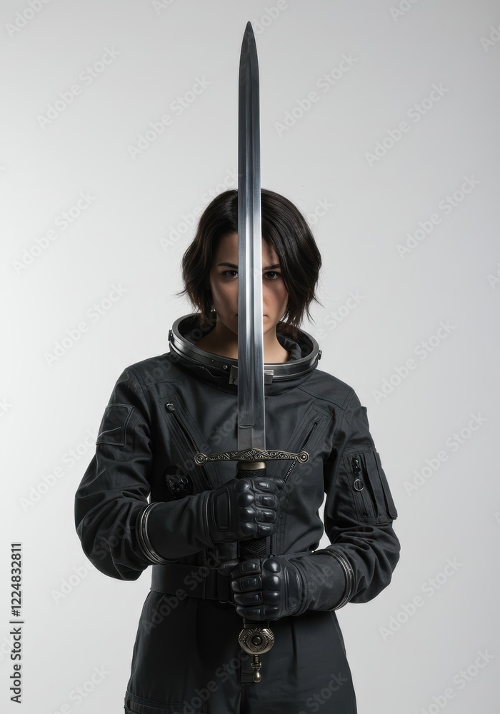 Futuristic warrior: woman in dark suit holding a sword with intense gaze Futuristic warrior: woman in dark suit holding a sword with intense gaze