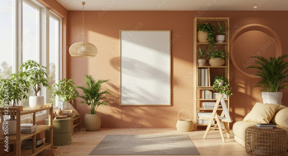 Fototapeta premium Modern living room with natural light and indoor greenery in bohemian style
