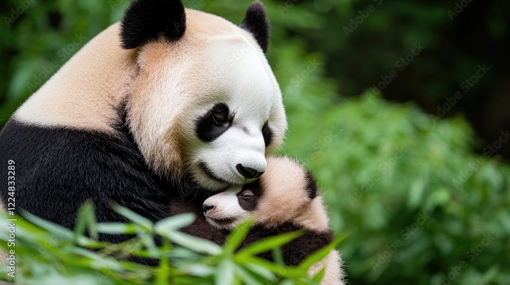 Fototapeta premium close-up of mother panda gently holding her cub their black-and-white fur contrasting against vibrant green bamboo