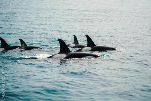pod of orcas swimming together in open ocean waters their dorsal fins cutting through waves