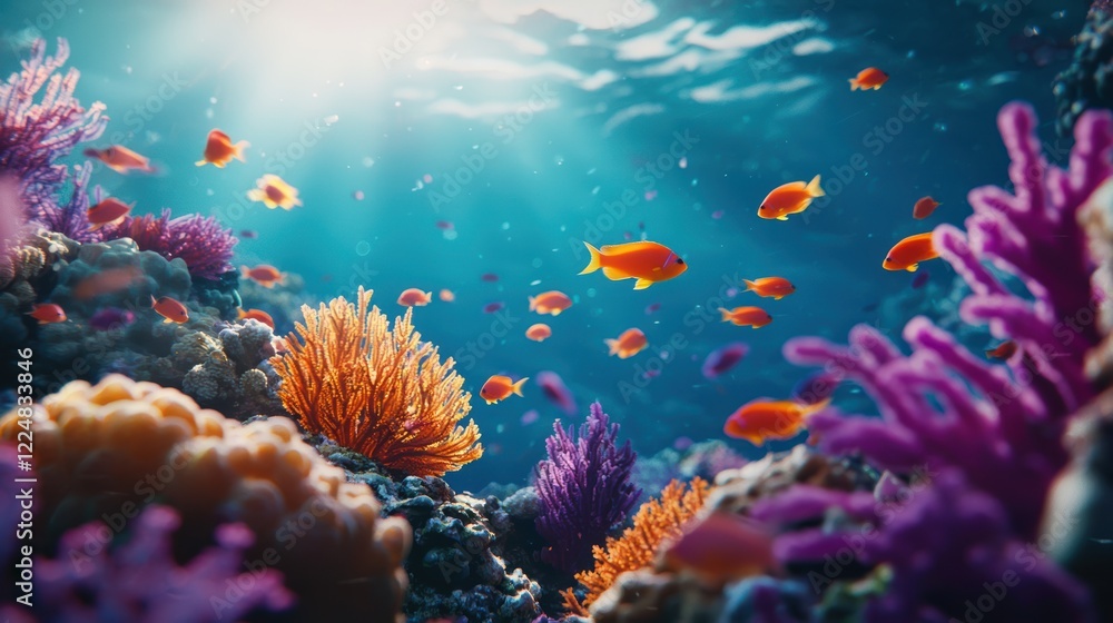 Naklejka premium Vibrant Underwater Coral Reef Scene With Colorful Fish