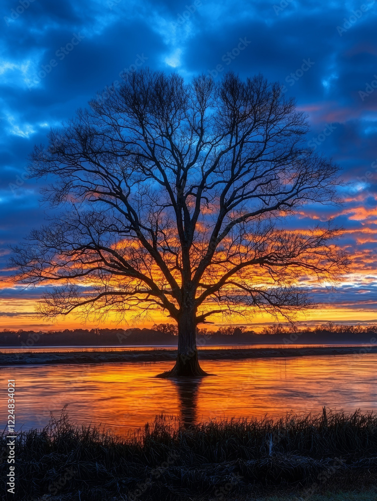 Solitary tree silhouetted against a vibrant sunset reflected in tranquil waters. Solitary tree silhouetted against a vibrant sunset reflected in tranquil waters.