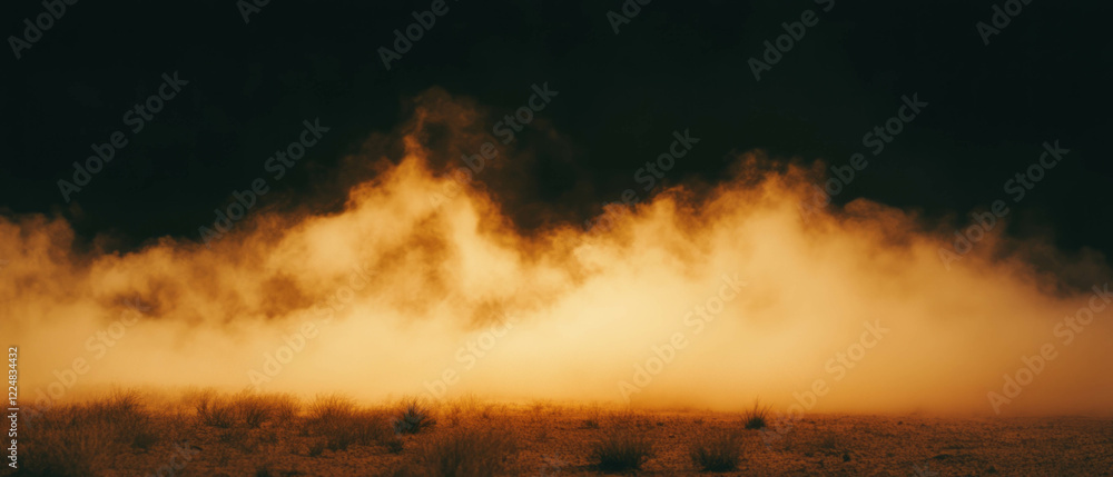 Naklejka premium Smoke and lightning create dramatic contrast over a desert landscape at night