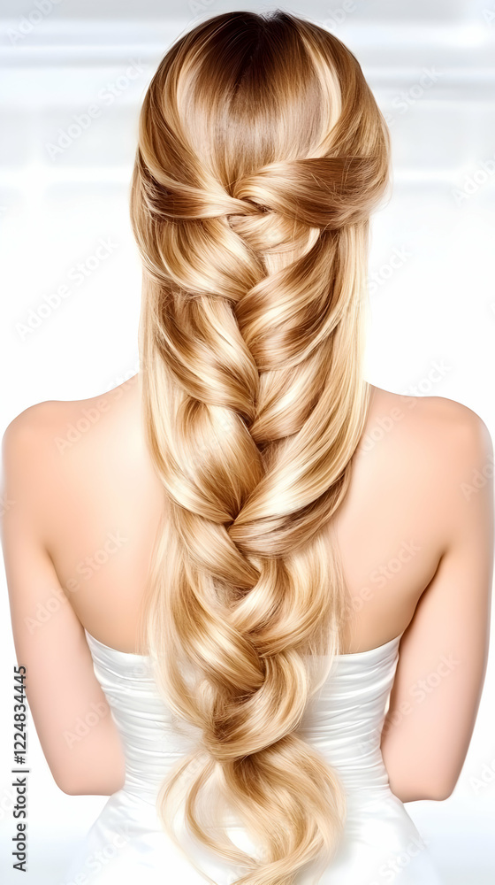 Naklejka premium Woman Shows Off Long, Luxurious Blonde Braided Hairstyle Beautifully in a Classic, Elegant Style.