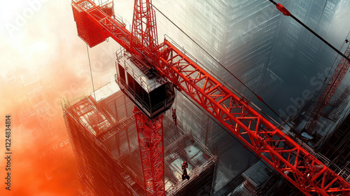 Construction Crane Operating at Sunset Over a Busy Urban Development Site