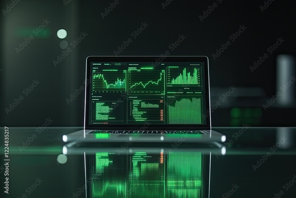 Fototapeta premium minimalist glass desk with laptop displaying ai-powered data dashboards alongside robotic advisor tools