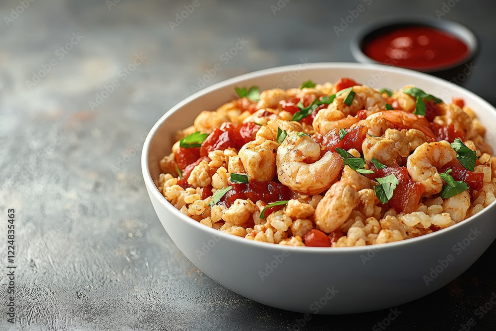 Savory shrimp and rice bowl with tomato sauce and herbs. Savory shrimp and rice bowl with tomato sauce and herbs.