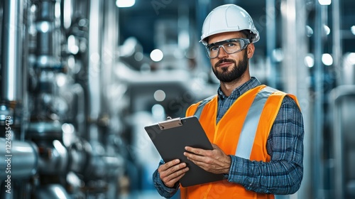 Industrial safety inspection by worker in factory manufacturing plant professional portrait controlled environment close-up view workplace safety