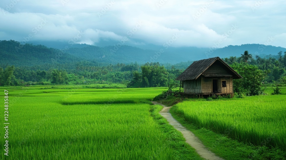 Small wooden hut in a lush green field under a clear blue sky with distant trees and soft clouds Small wooden hut in a lush green field under a clear blue sky with distant trees and soft clouds