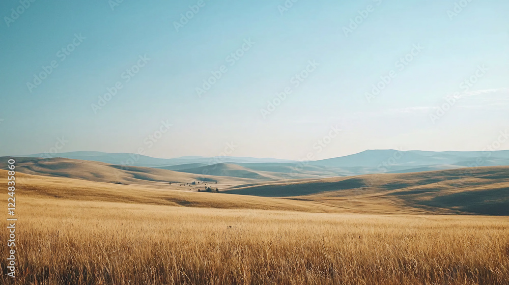 Expansive golden wheat fields under a clear blue sky, with distant hills and a serene landscape Expansive golden wheat fields under a clear blue sky, with distant hills and a serene landscape