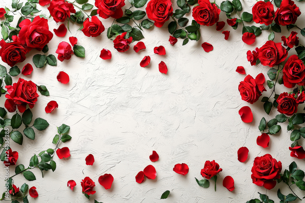 Red roses and petals frame a white background. Red roses and petals frame a white background.