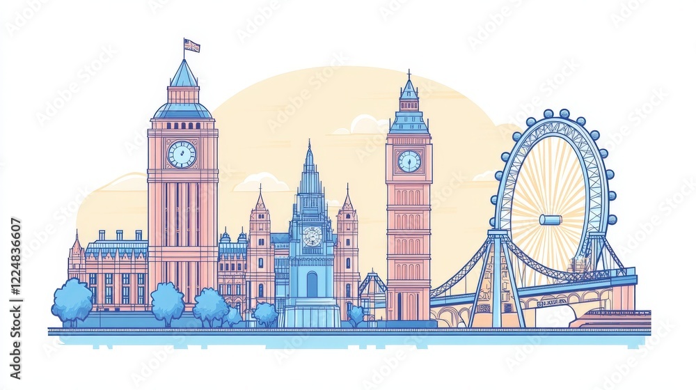Obraz premium Stylized digital illustration of London landmarks