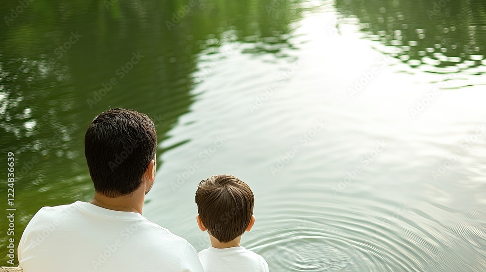 Fototapeta premium father and son fishing together at edge of calm lake during golden hour with ripples reflecting sunset