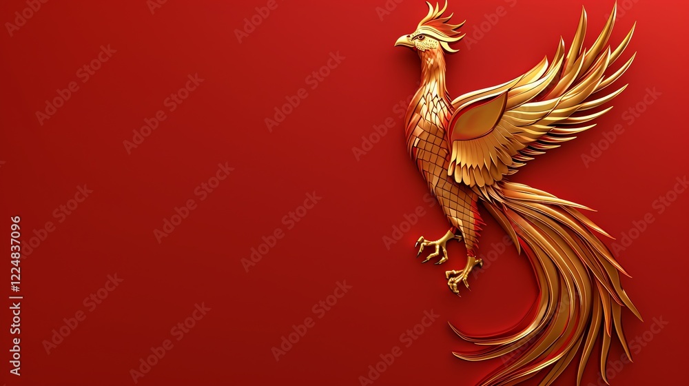 Fototapeta premium A 3D render of a golden phoenix bird with its wings spread wide, set against a red background.