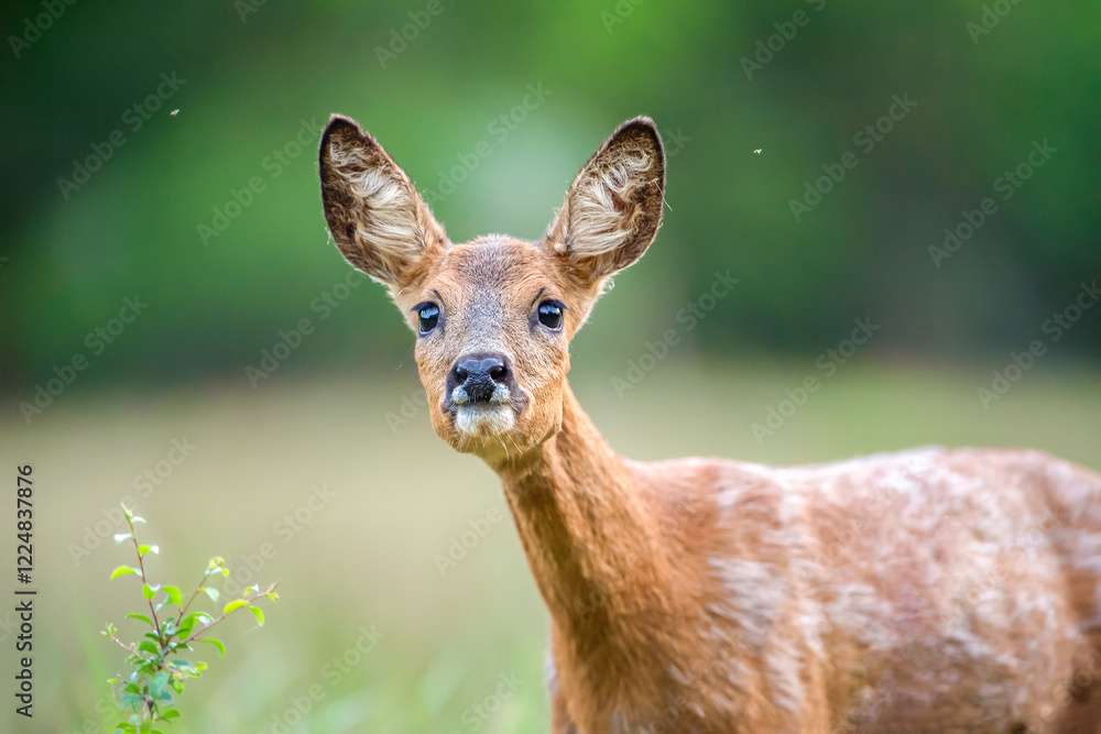 Portrait of a roe deer doe in moult on the lookout in a clearing. Capreolus capreolus, Sologne, Loiret 45, région Centre-Val-de-Loire, France, European Union, Europe Portrait of a roe deer doe in moult on the lookout in a clearing. Capreolus capreolus, Sologne, Loiret 45, région Centre-Val-de-Loire, France, European Union, Europe