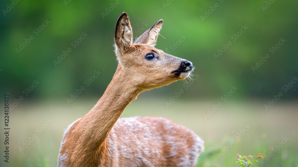 Portrait of a roe deer doe in moult on the lookout in a clearing. Capreolus capreolus, Sologne, Loiret 45, région Centre-Val-de-Loire, France, European Union, Europe Portrait of a roe deer doe in moult on the lookout in a clearing. Capreolus capreolus, Sologne, Loiret 45, région Centre-Val-de-Loire, France, European Union, Europe