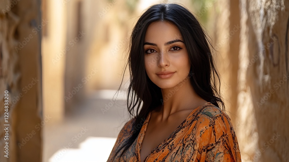 A captivating portrait of a beautiful woman in an orange patterned dress, showcasing beauty and style. A stunning display of elegance and fashion in the warm light of the day. A captivating portrait of a beautiful woman in an orange patterned dress, showcasing beauty and style. A stunning display of elegance and fashion in the warm light of the day.