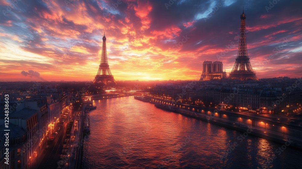 Obraz premium Surreal sunset over Paris with multiple Eiffel Towers