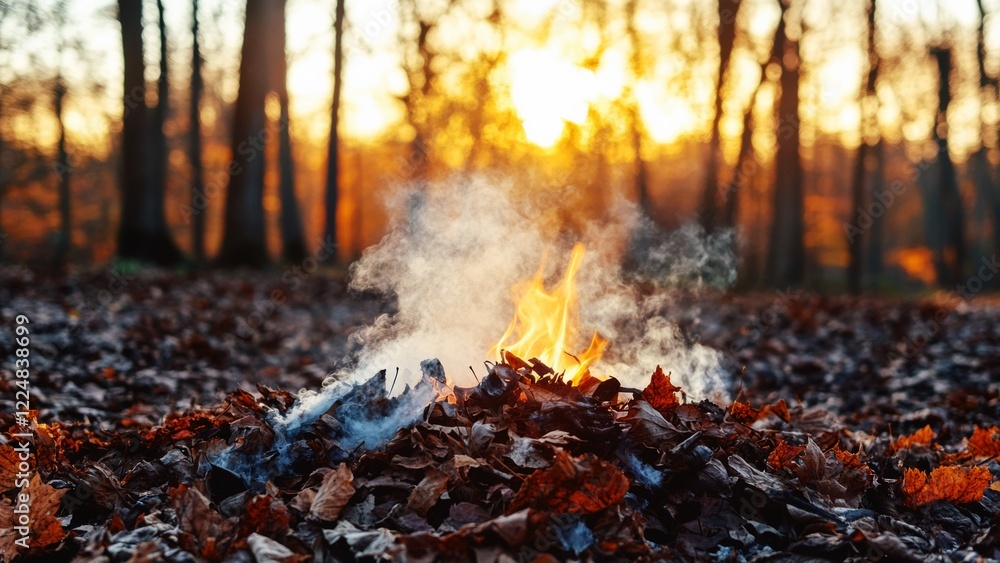 small flame and rising smoke on a pile of dry autumn leaves in a forest clearing at sunset with a golden glow and tree backdrop small flame and rising smoke on a pile of dry autumn leaves in a forest clearing at sunset with a golden glow and tree backdrop