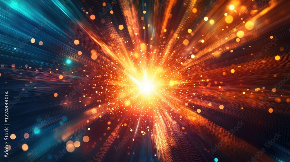 Naklejka premium Dynamic Explosion of Light and Color Creating a Vibrant Background for Abstract Art or Design Projects in an Enchanting Cosmic Universe