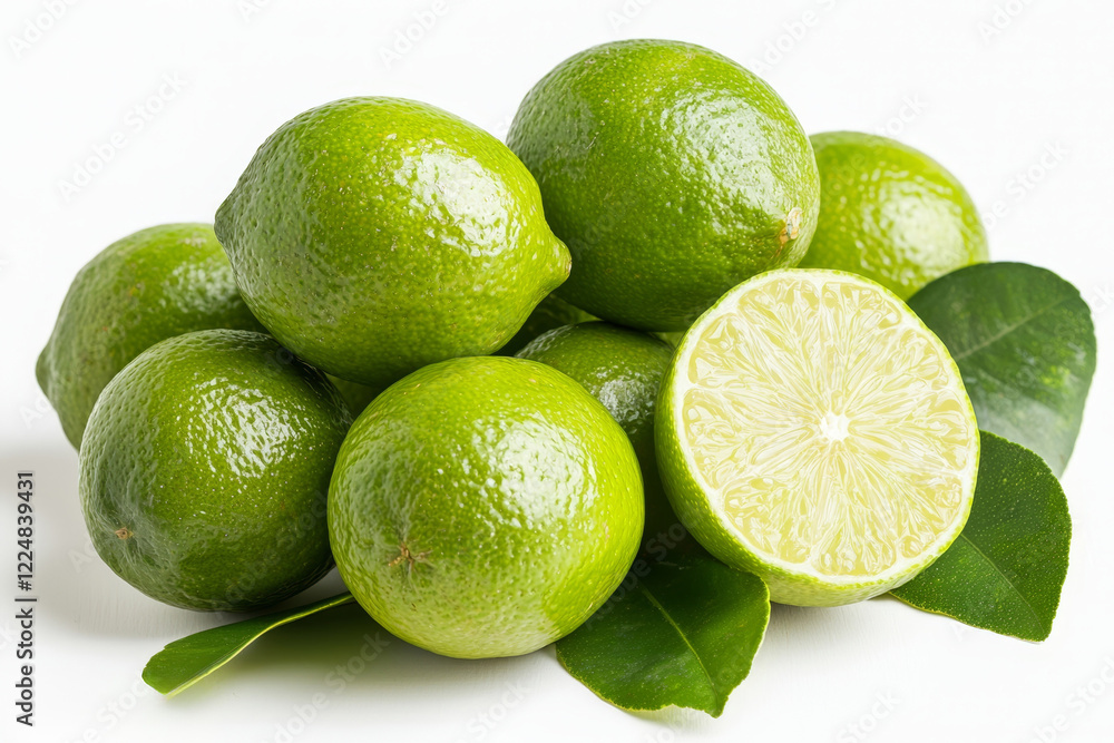 Fresh limes with vibrant green skin and one lime sliced open, displayed on green leaves. Fresh limes with vibrant green skin and one lime sliced open, displayed on green leaves.