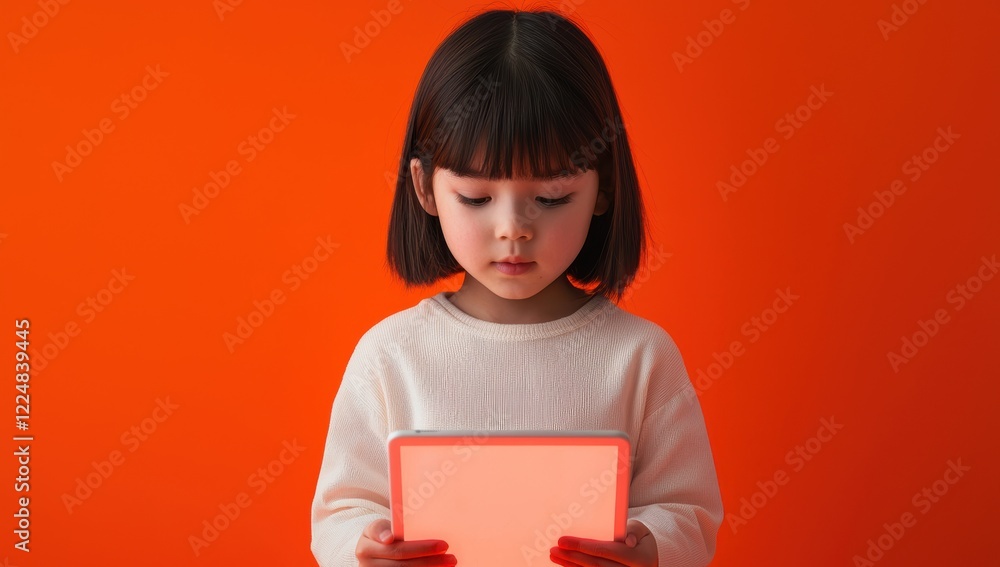Young Girl Using a Tablet Computer Against a Vibrant Orange Background Young Girl Using a Tablet Computer Against a Vibrant Orange Background