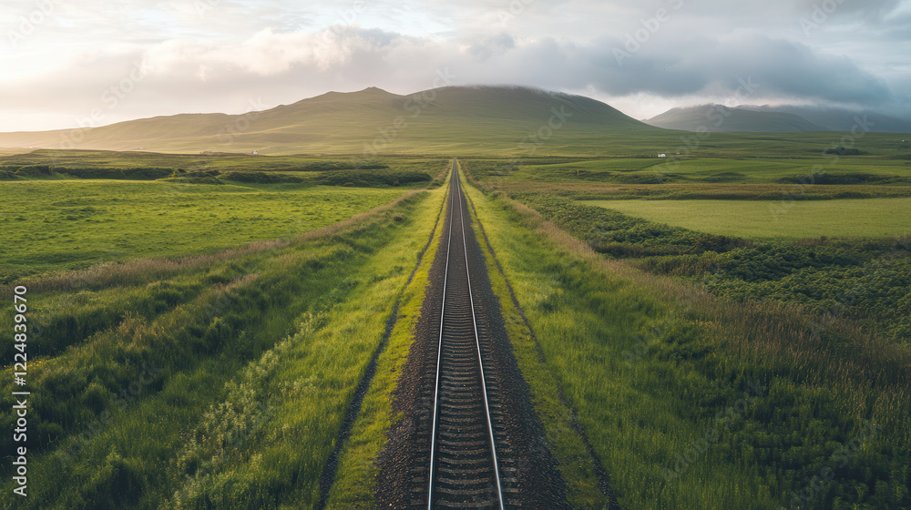 Obraz premium Lush green landscape with railway tracks leading to distant mountains under cloudy sky