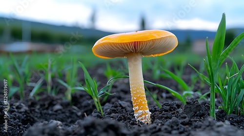 Vibrant Orange Mushroom In Lush Green Grass photo