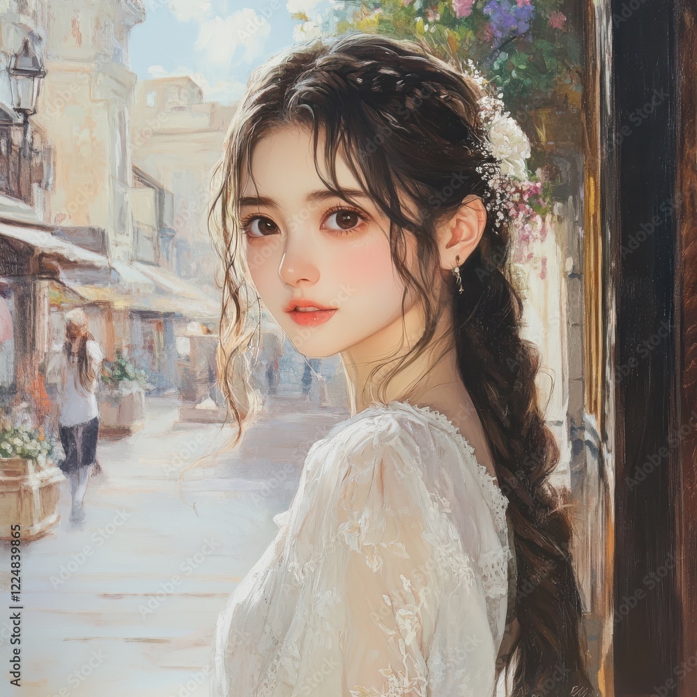 Fototapeta premium Painting of a woman with long hair in a serene setting surrounded by nature and soft colors