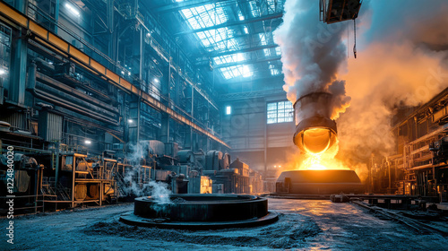 A bustling metallurgical plant showcasing the intense smelting process under a dramatic interplay of blue and orange lights